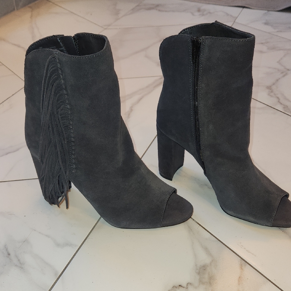 Gianni Bini Gray Peep-Toe Fringe Ankle Boots